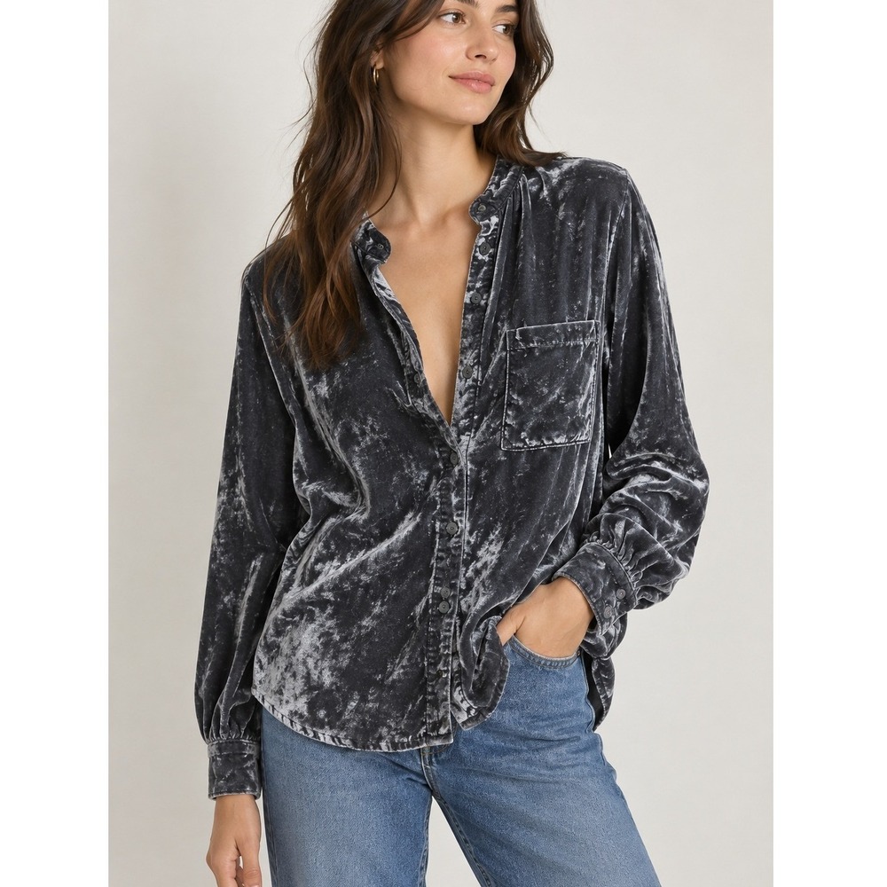 Pilcro Velvet Button Down Women S Grey Crushed Boho Luxe Long Sleeve Top